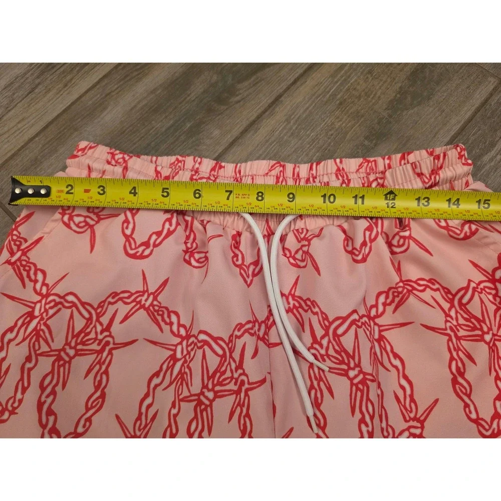 Pink Barbed Wire Print Swim Trunks Mens Small Red Chain Graphic Board Shorts